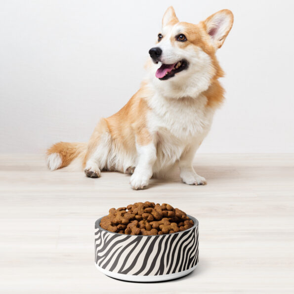 a dog sitting next to a zebra dog bowl of food